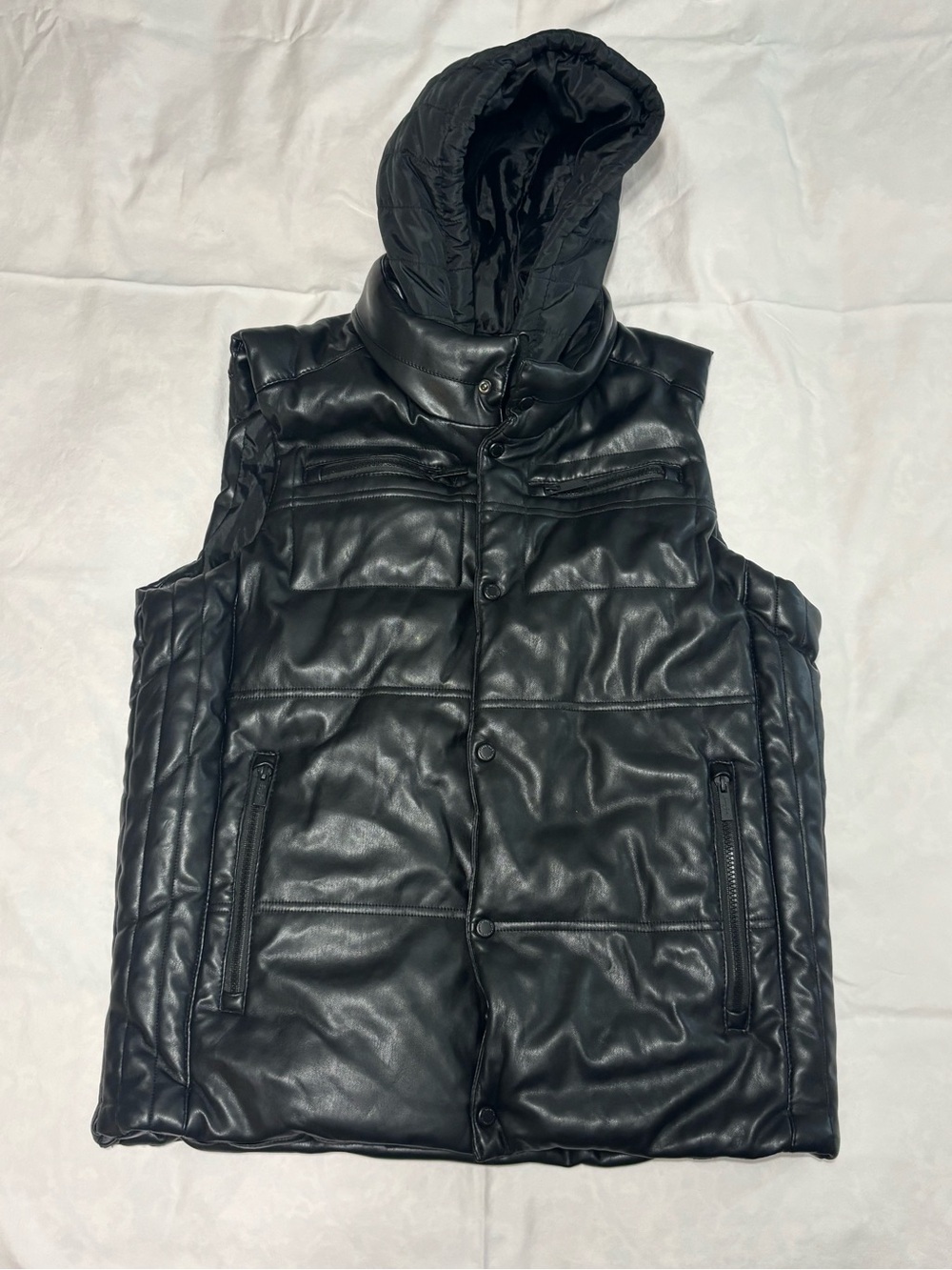 Sean John Black Faux Leather Hooded Puffer Vest Mens M